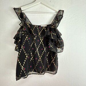 A.L.C Womens Willow Silk Metallic Ruffle Cold Shoulder Blouse Size 6 Black Gold